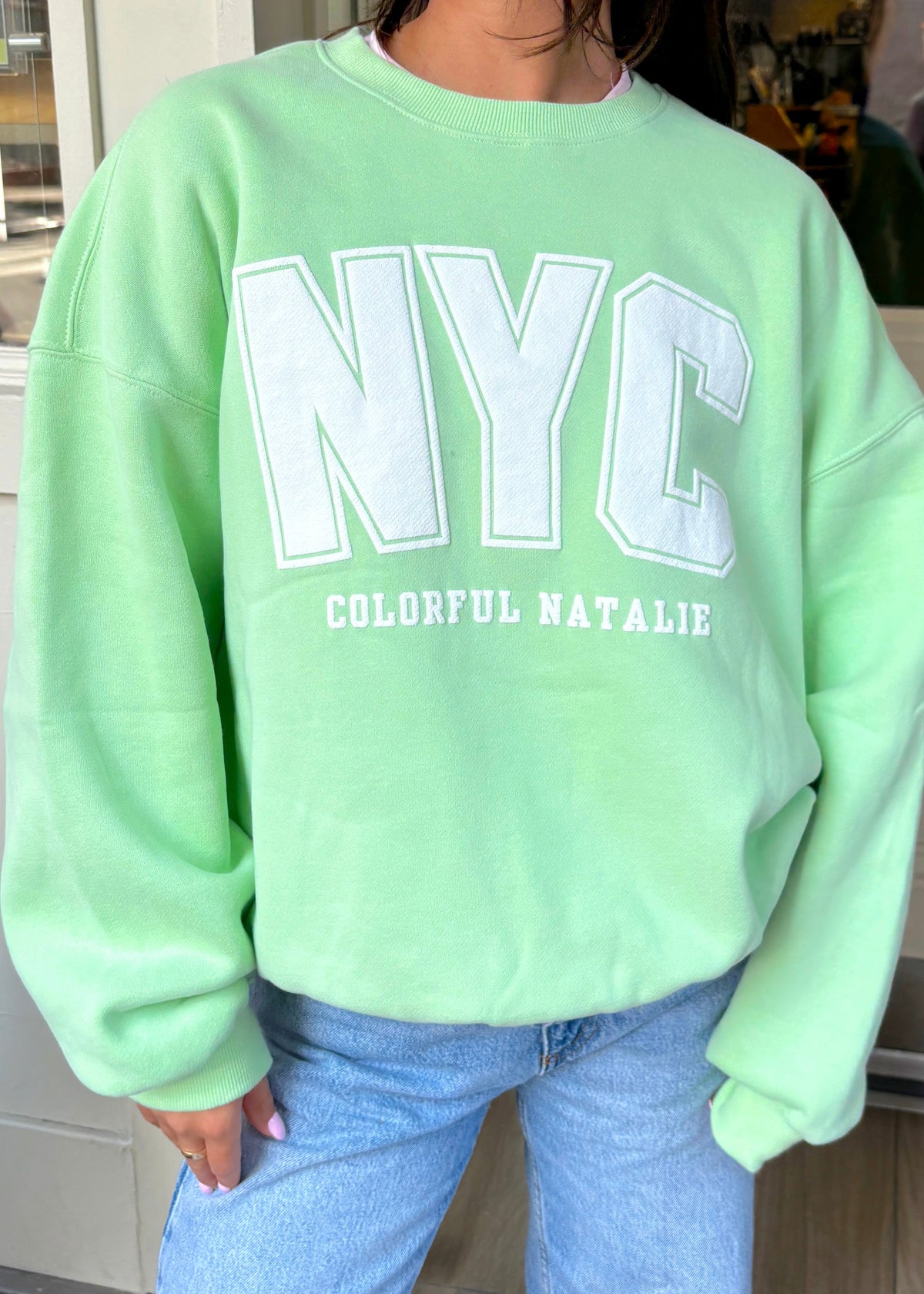 NYC Lime Puff Print Crewneck