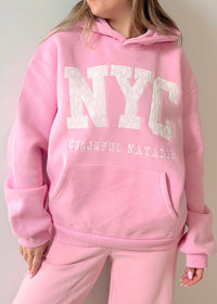 Pink Eyelet Embroidered NYC Hoodie