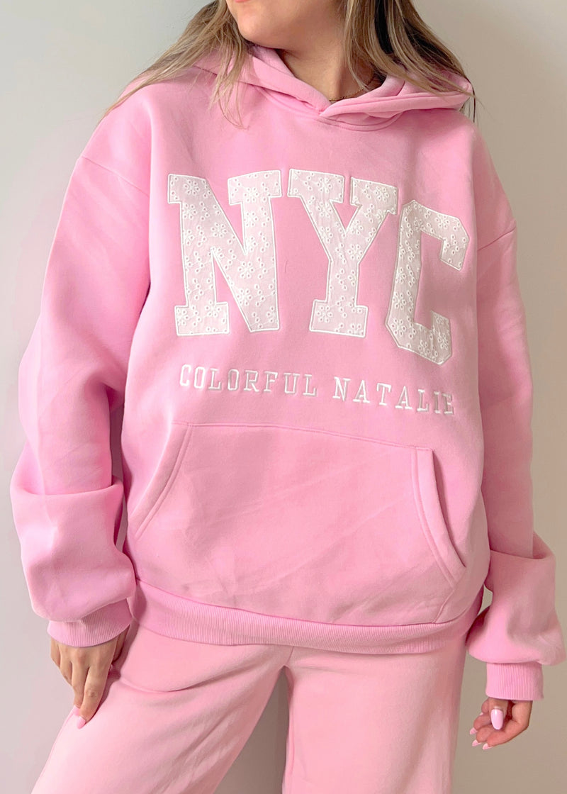 Pink Eyelet Embroidered NYC Hoodie