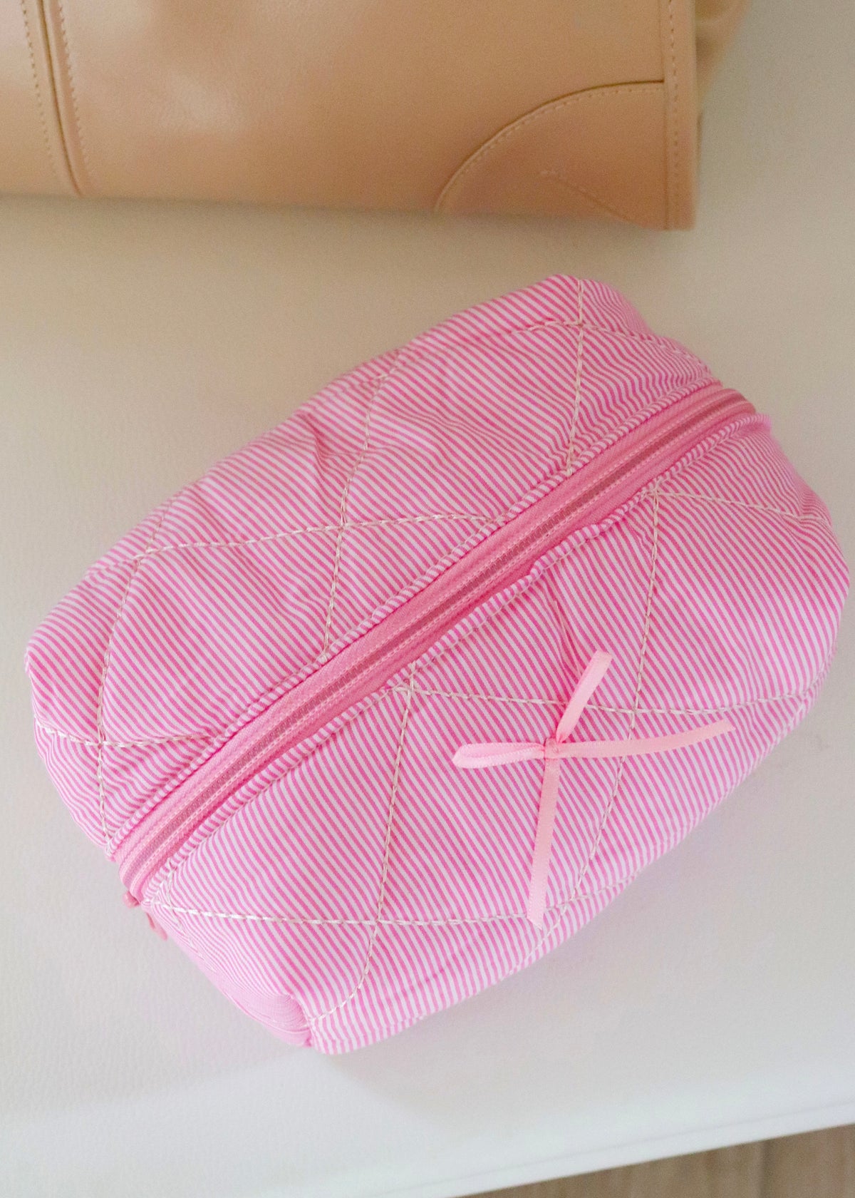 Pink Striped Bows Makeup Bag