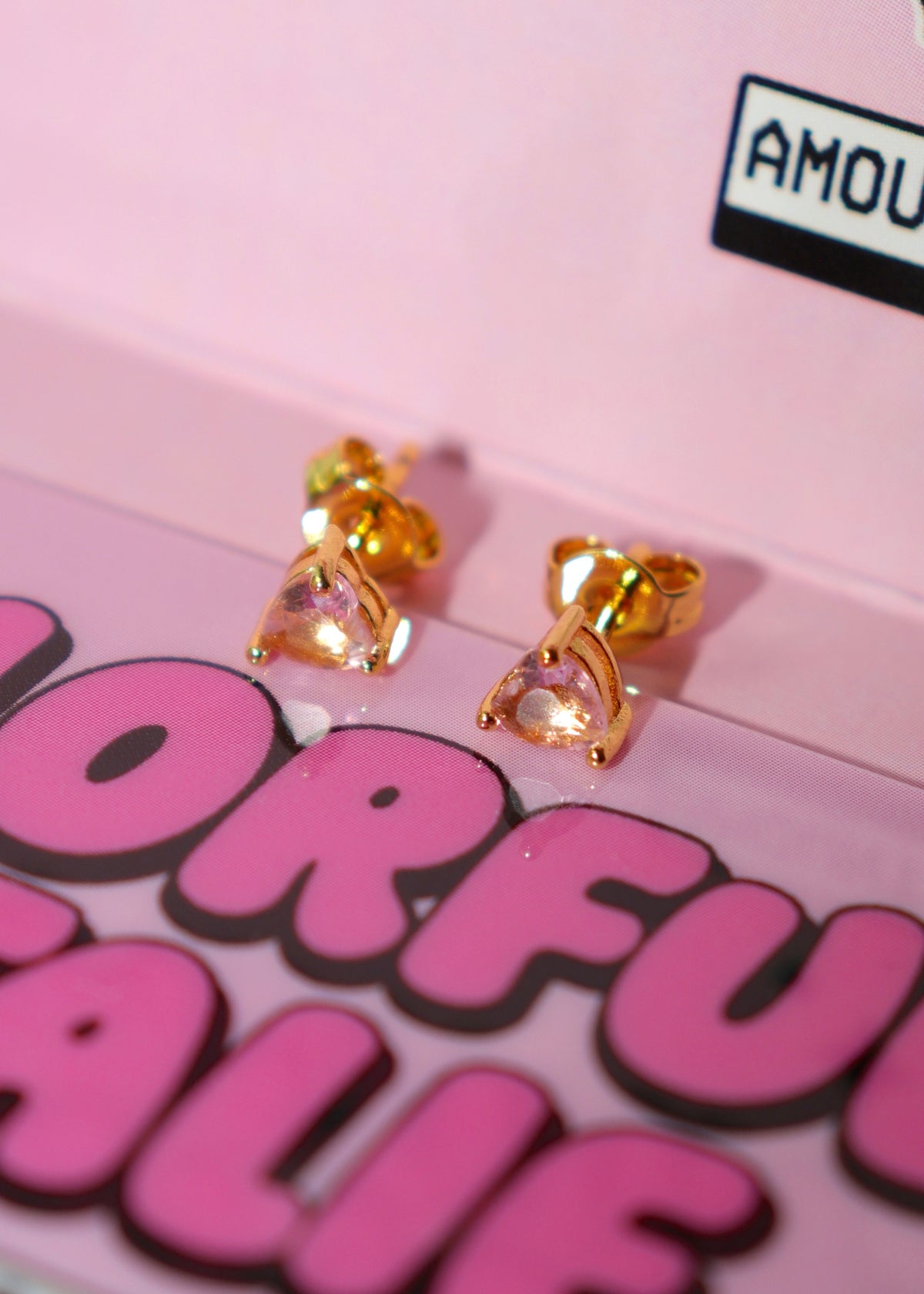 18k Gold Pink Heart Stone Studs