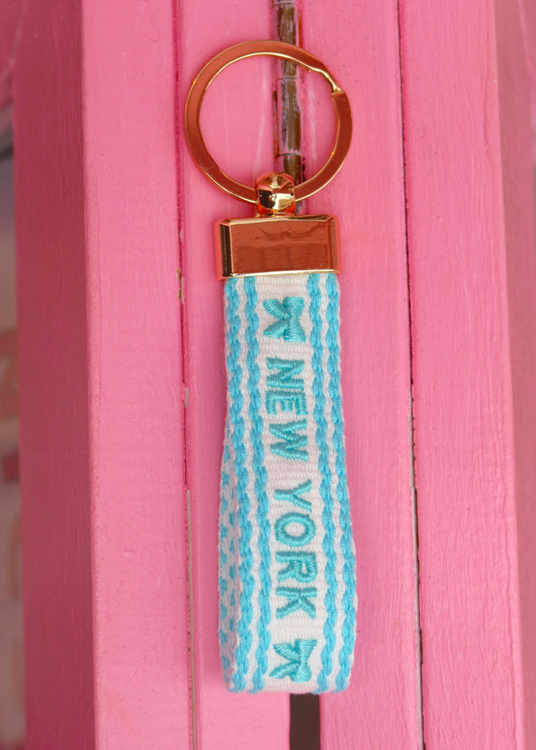 Blue Bows Squiggle NY Embroidered Keychain