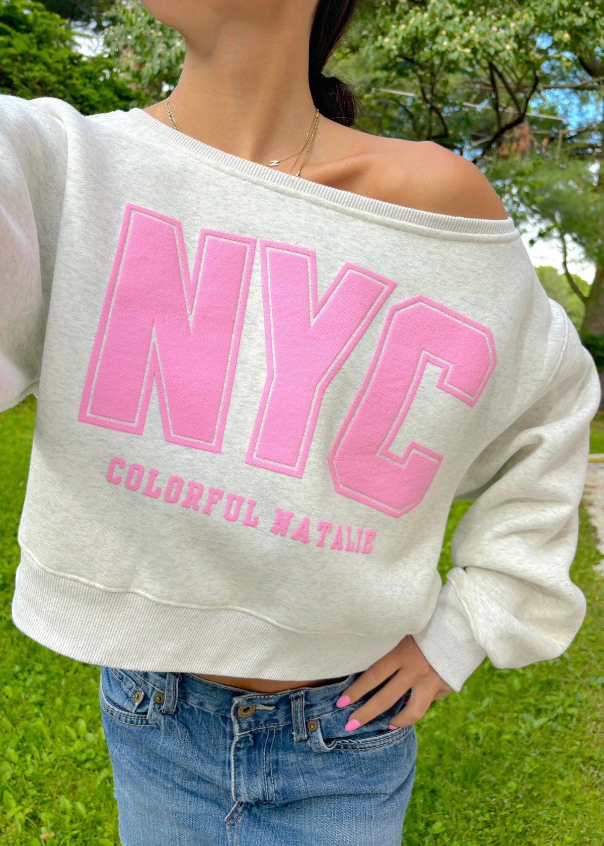 NYC Heather White Off-Shoulder Crewneck