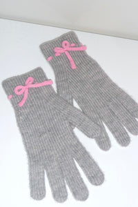 Pink Bow Grey Winter Gloves