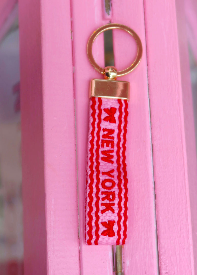 Red Bows Squiggle NY Embroidered Keychain