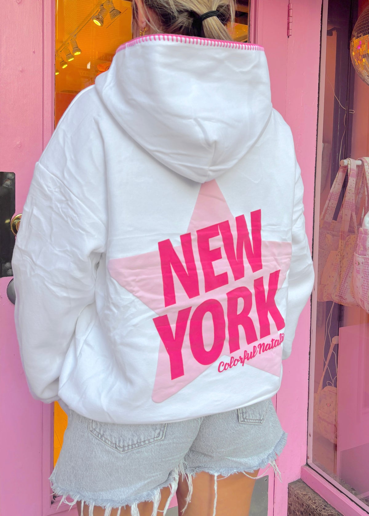New York Star White Stitched Puff Hoodie