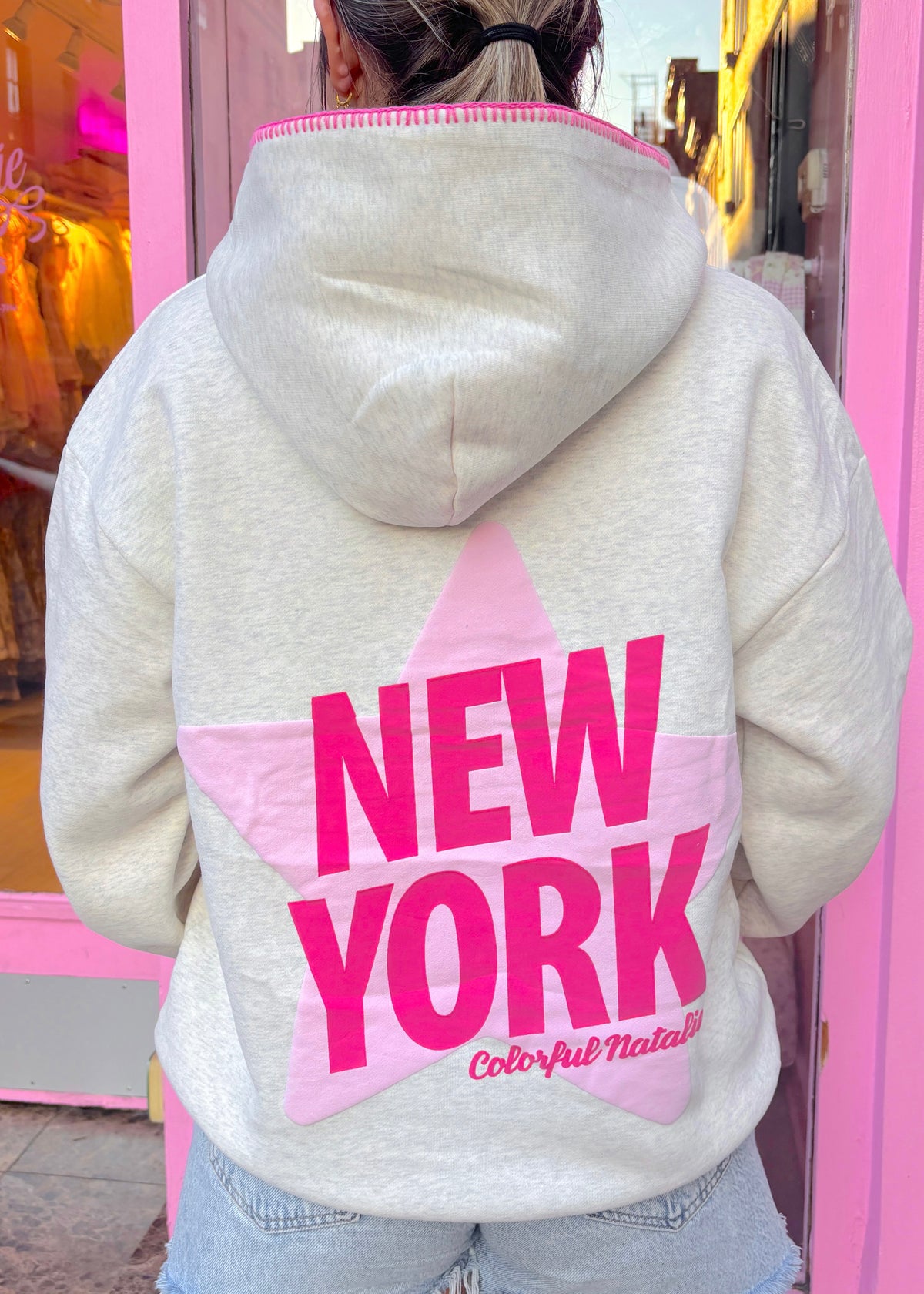 New York Star Grey Stitched Puff Hoodie