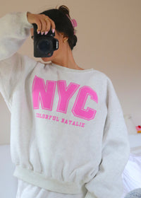 NYC Heather White Puff Print Crewneck