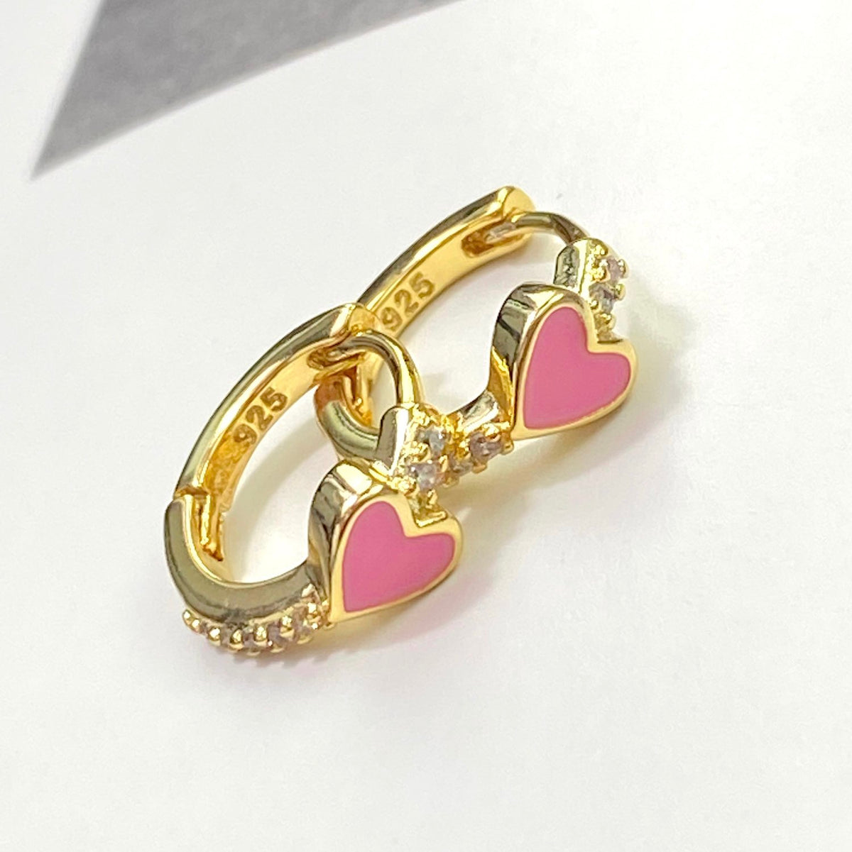 18k Gold Pink Heart Huggie Hoops