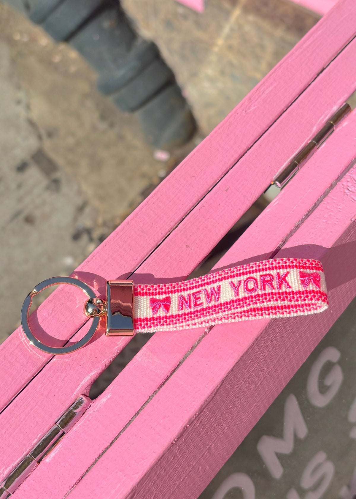 Hot Pink Bows NY Embroidered Keychain