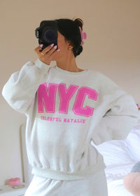 NYC Heather White Puff Print Crewneck