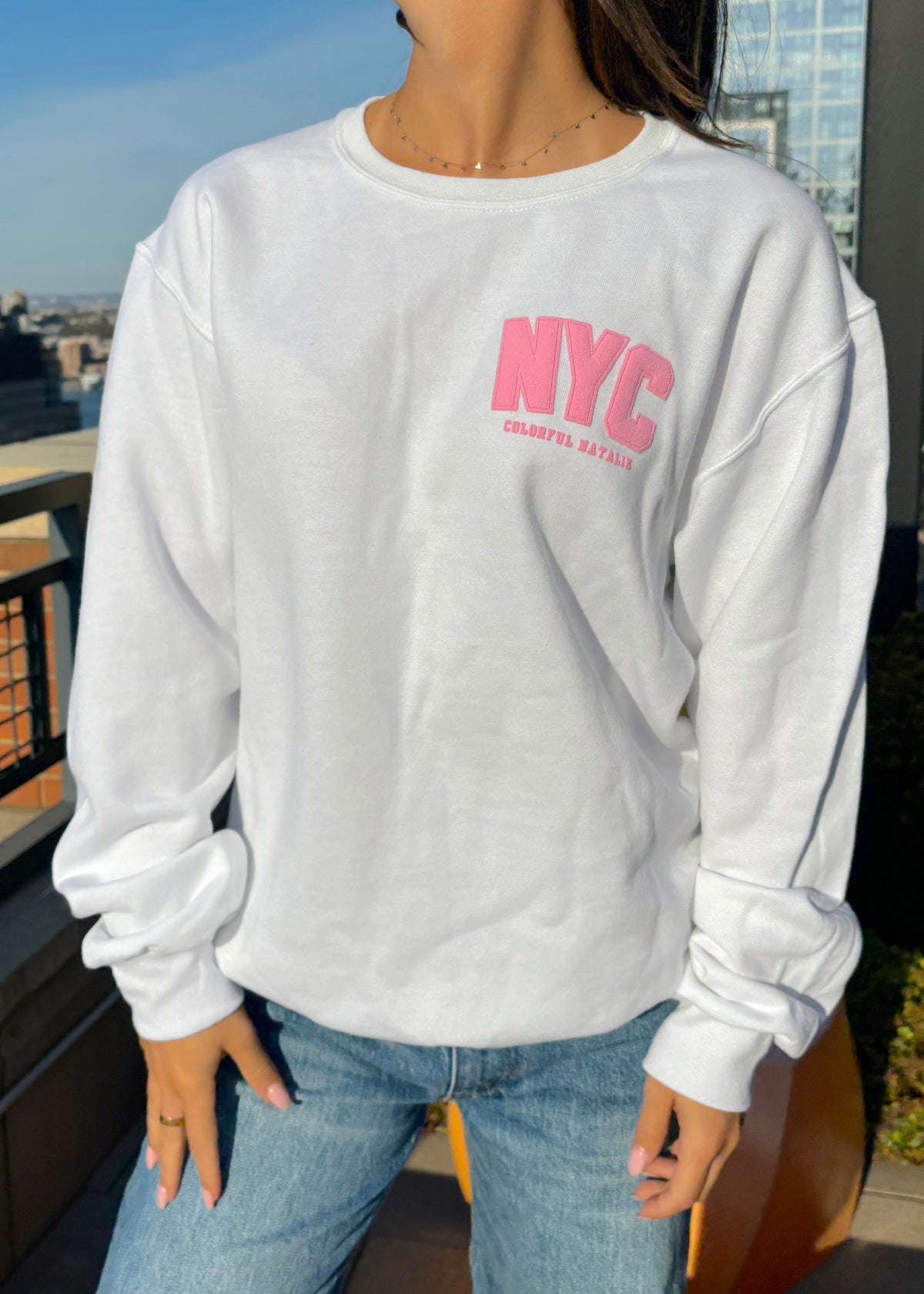 NYC Pink Puff Print White Crewneck