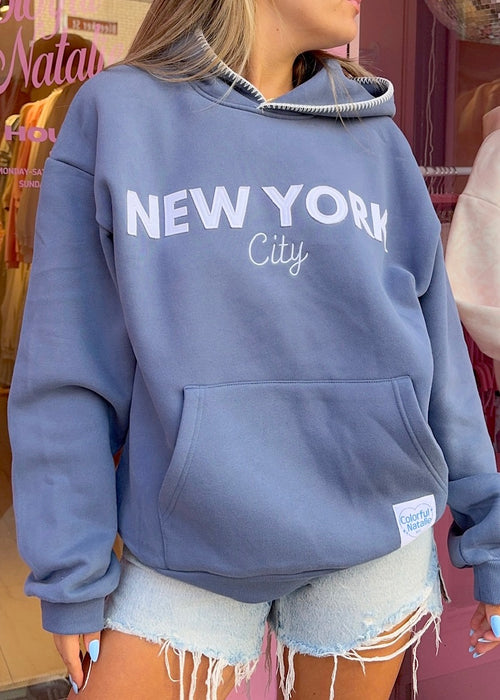 New York City Blue Frayed Hoodie