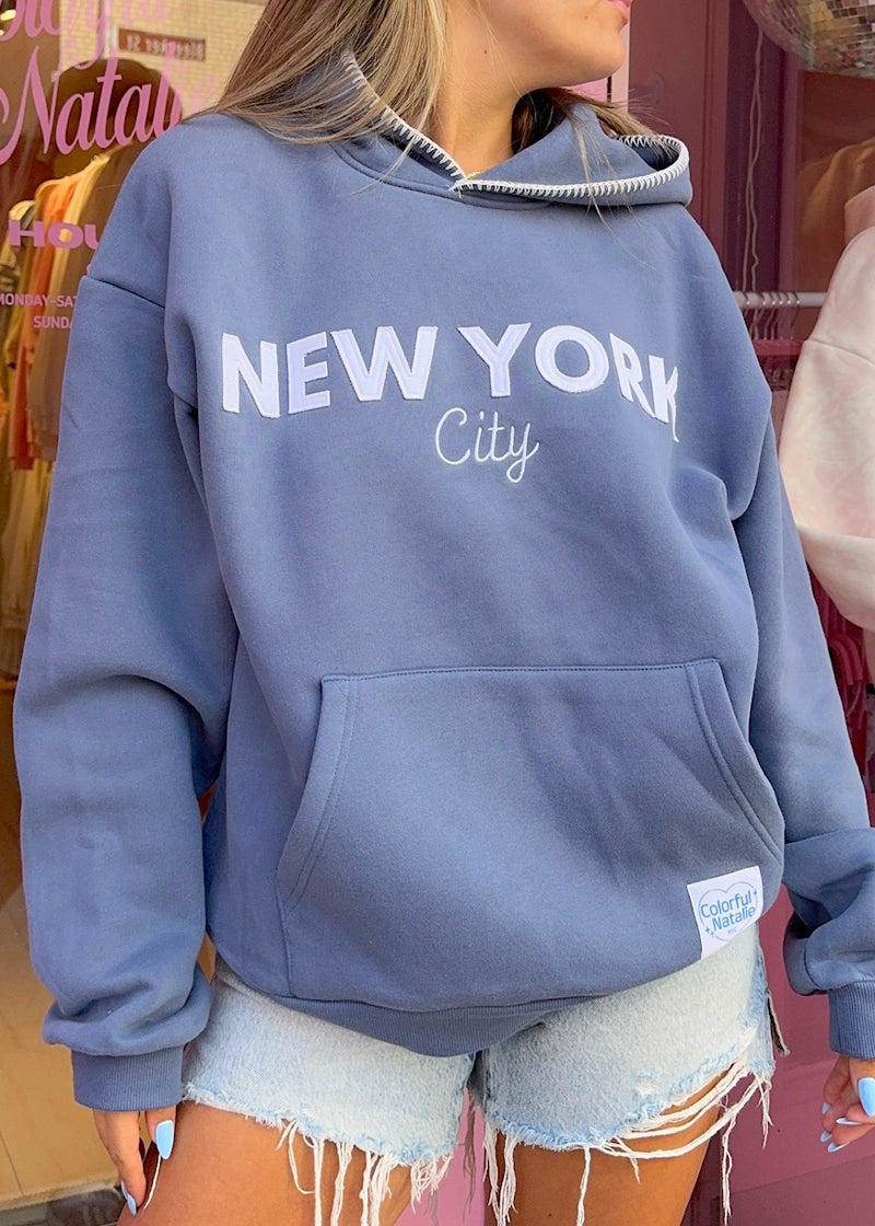 New York City Blue Frayed Hoodie