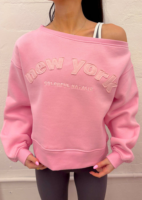New York Pink Off Shoulder Sweatshirt