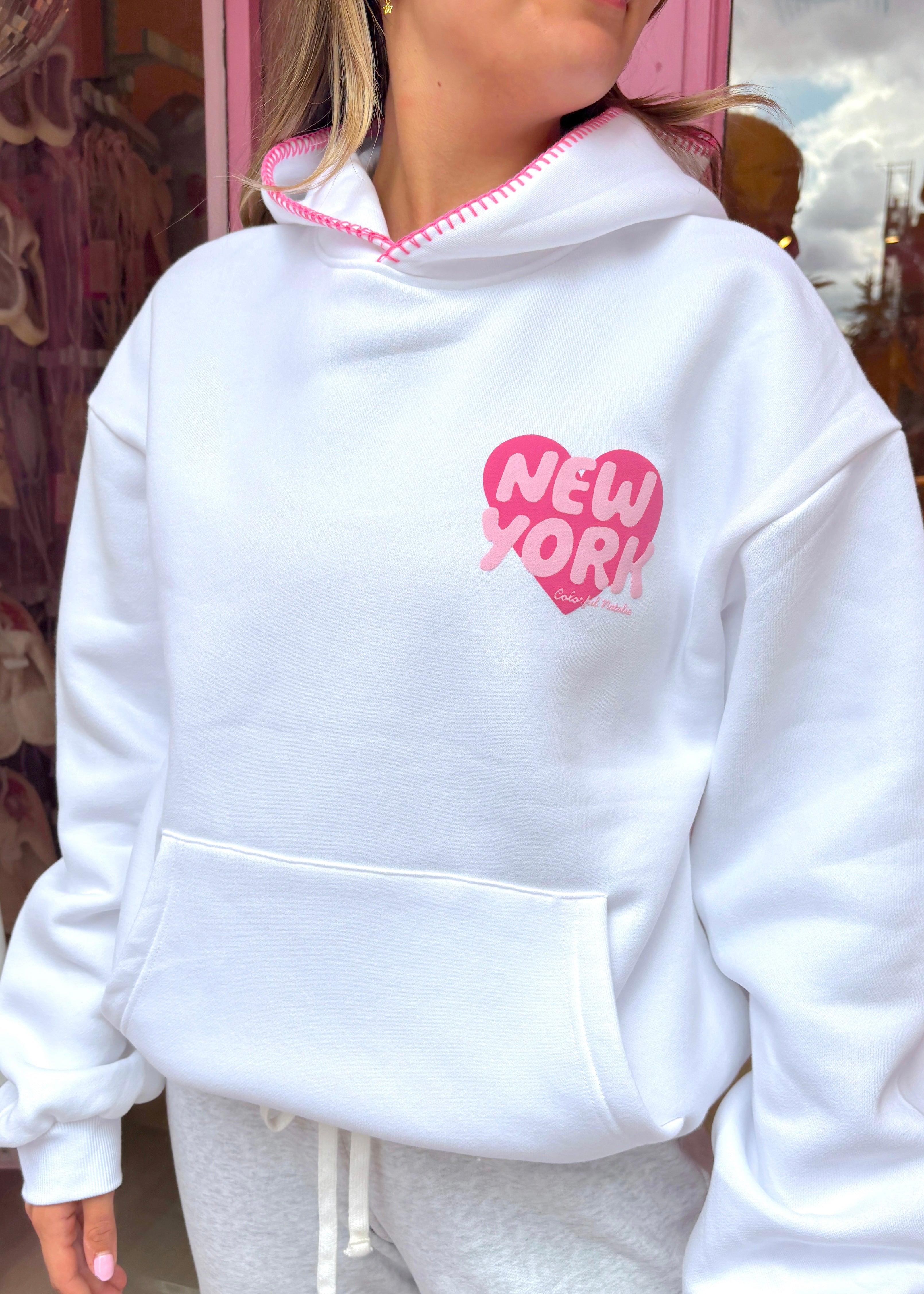 New York Heart White Stitched Puff Hoodie – Colorful Natalie