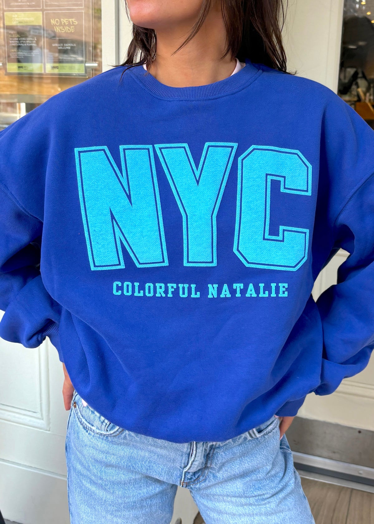 NYC Royal Blue Puff Print Crewneck