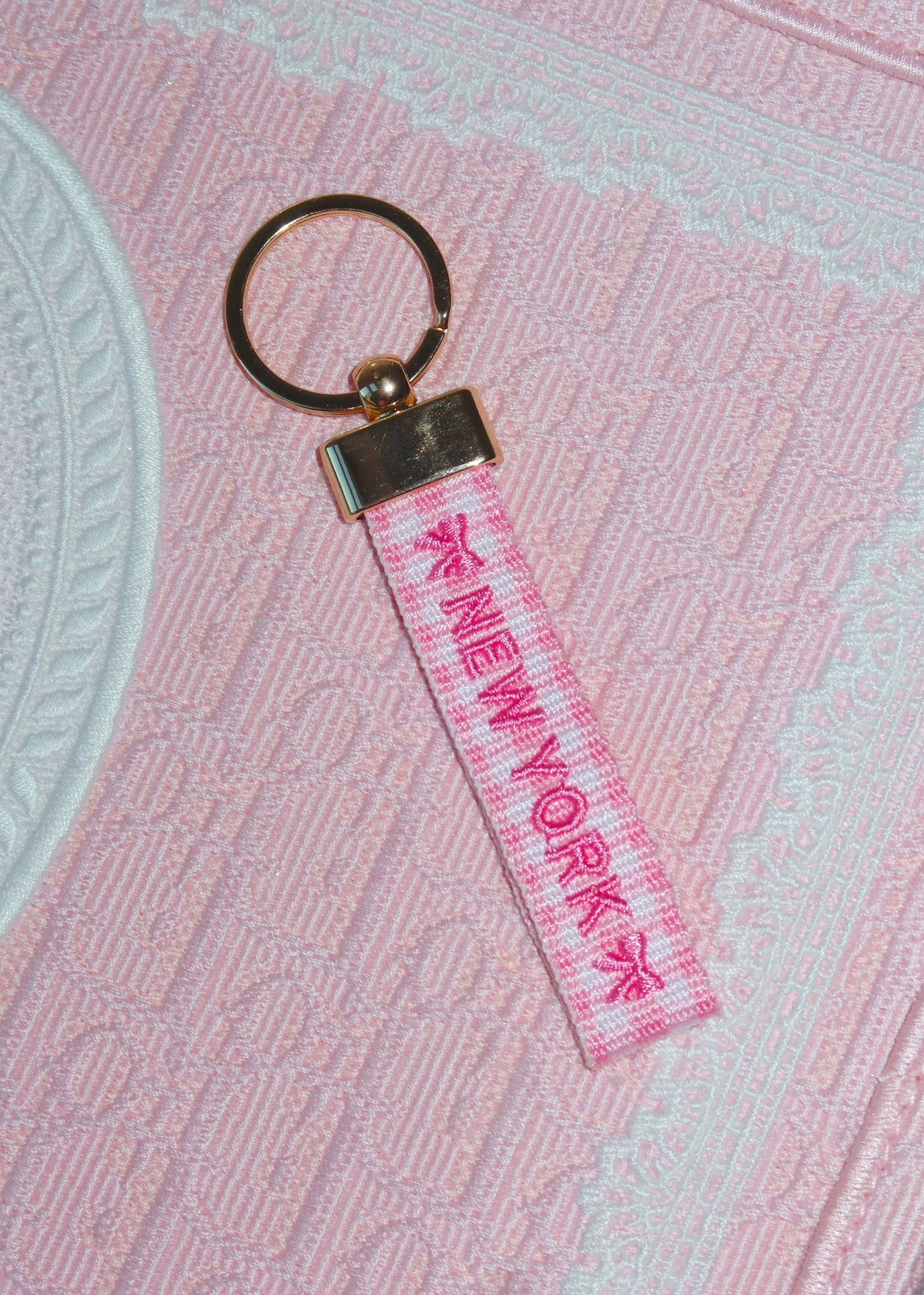 New York Pink Gingham Embroidered Keychain