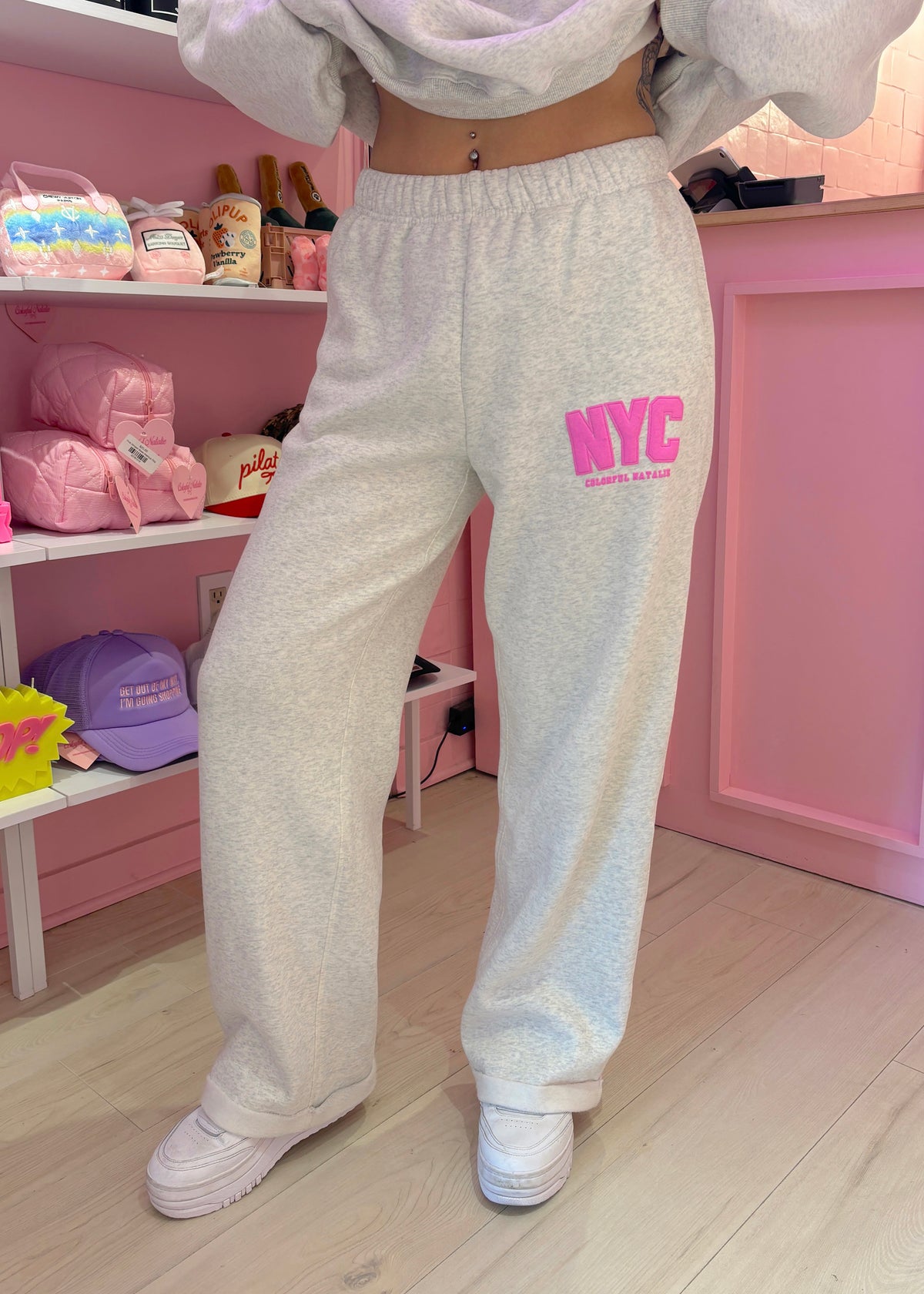 NYC Heather White Puff Print Sweatpants