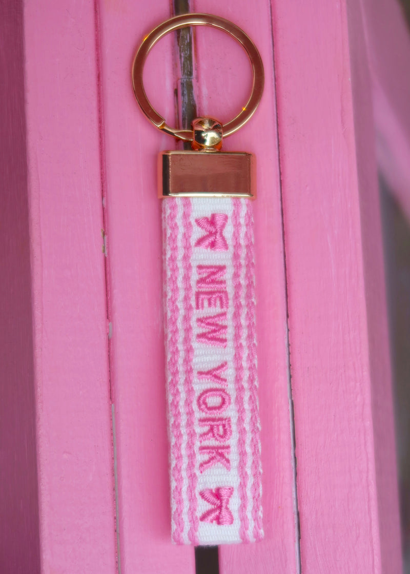 Pink Bows Squiggle NY Embroidered Keychain