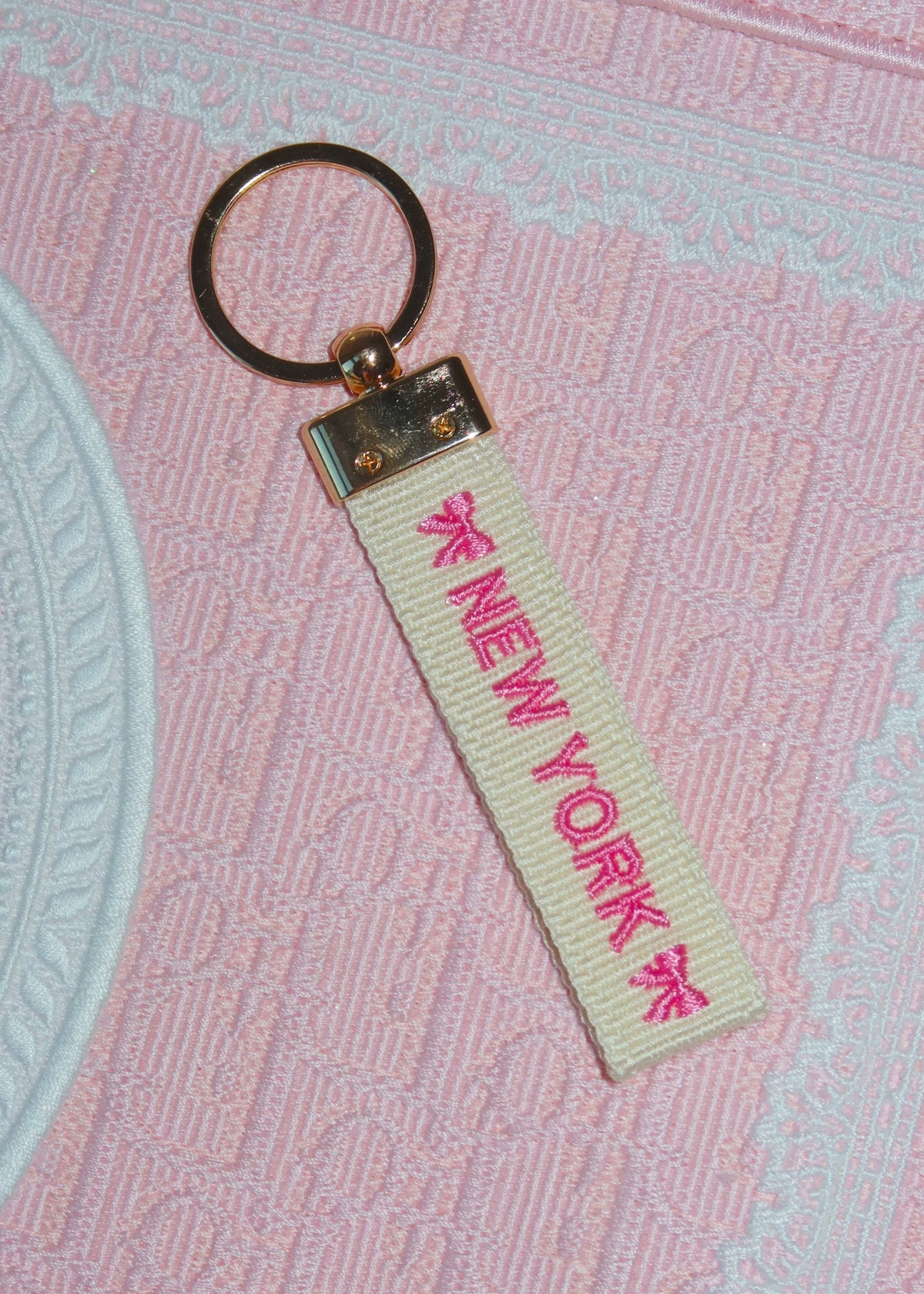 New York Pink Text Embroidered Keychain