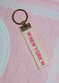 New York Pink Text Embroidered Keychain