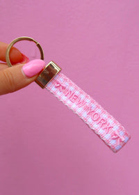 Pink Bows Gingham NY Embroidered Keychain