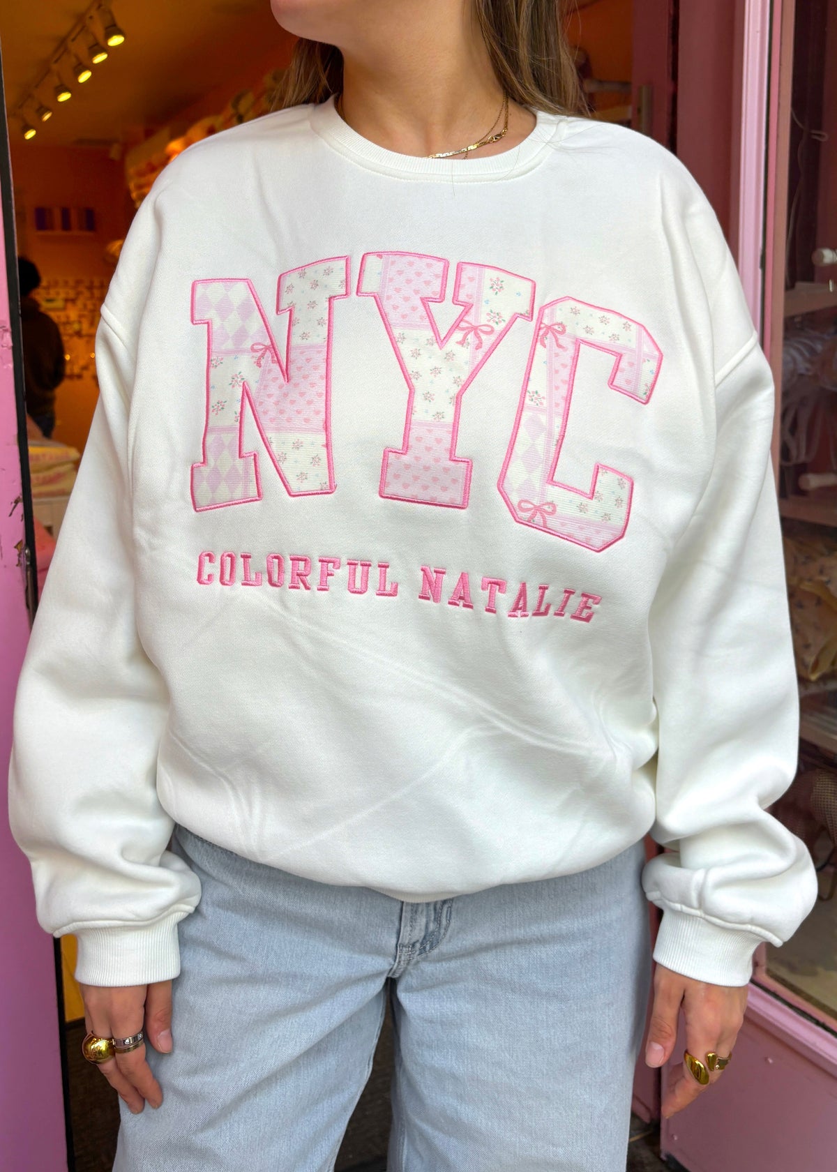 Pink Hearts Embroidered NYC Crewneck