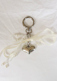 Cream Ribbon and Heart Keychain