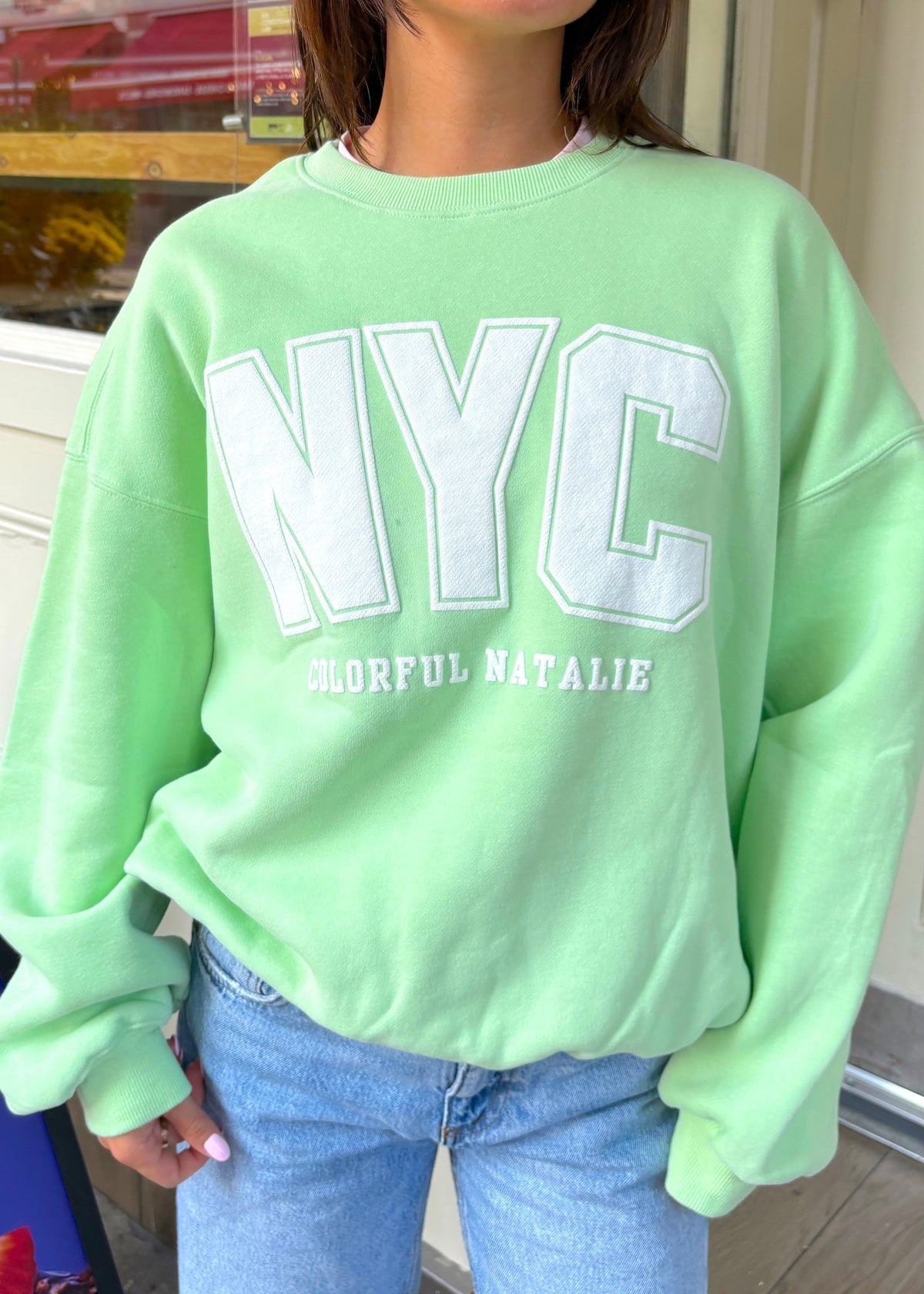 NYC Lime Puff Print Crewneck