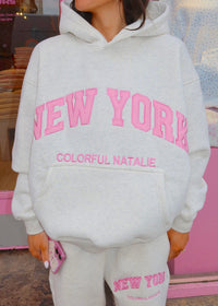 New York Pink Embroidered Hoodie