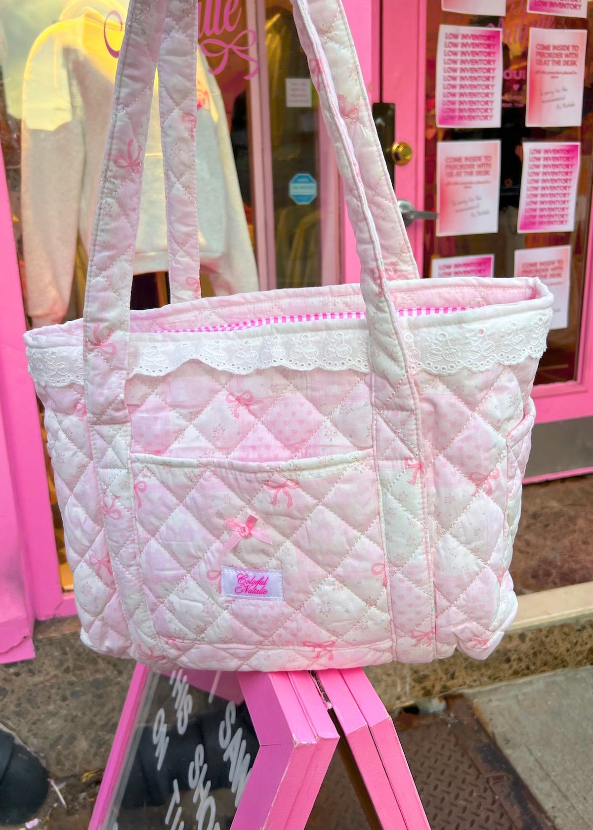 Pink Bow Quilted Patchwork Tote