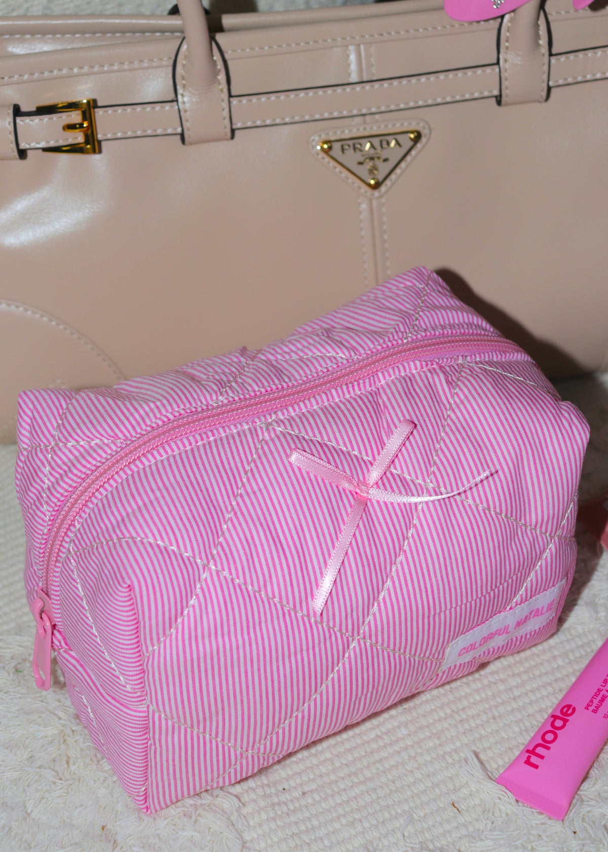 Pink Striped Bows Makeup Bag