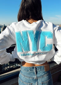 NYC Blue Puff Print White Crewneck