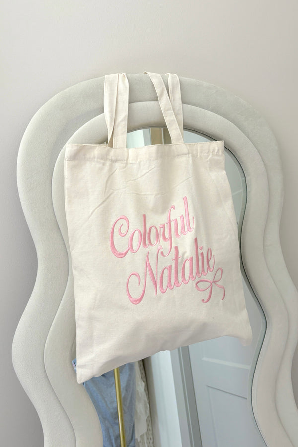 CN Embroidered Pink Bow Tote Bag