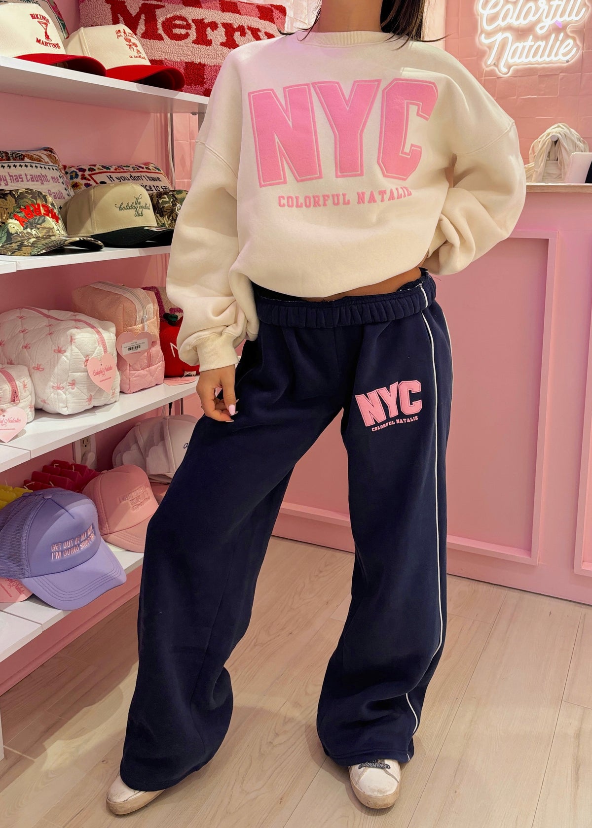 NYC Navy Puff Print Flare Sweatpants