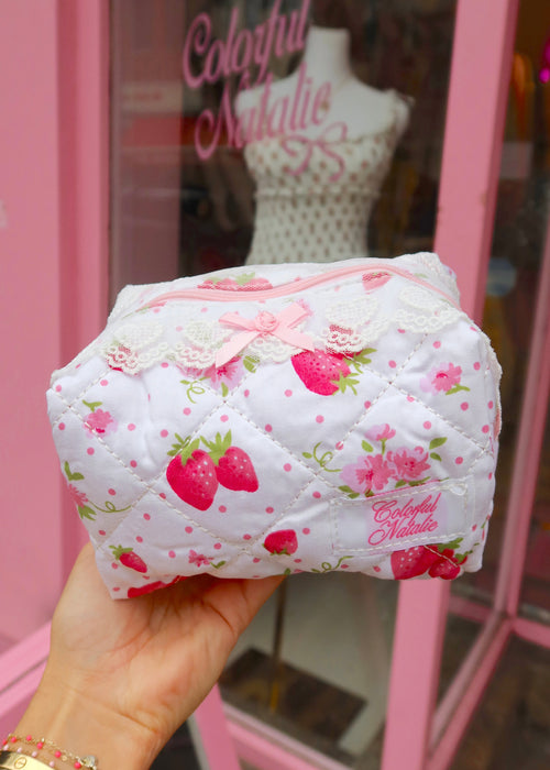 Pink Strawberries Lace Makeup Bag