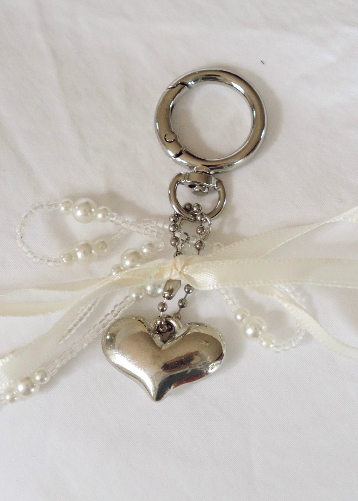 Cream Ribbon and Heart Keychain