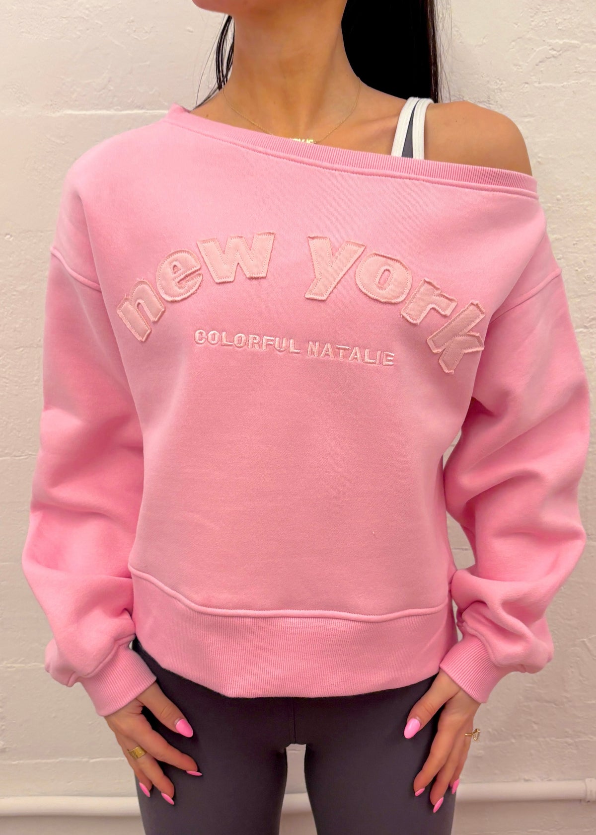 New York Pink Off Shoulder Sweatshirt