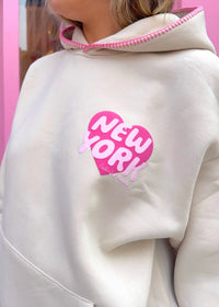 New York Heart Oatmeal Stitched Puff Hoodie