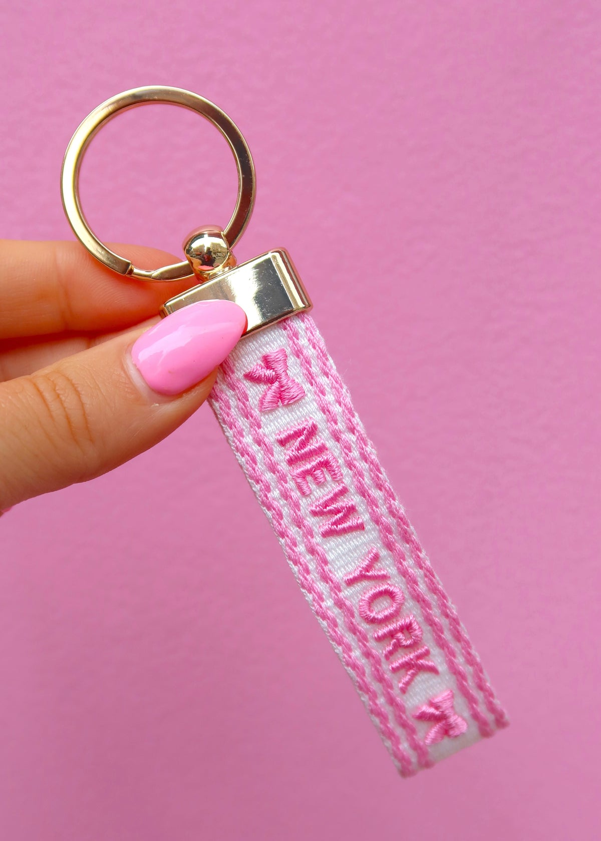 Pink Bows Squiggle NY Embroidered Keychain