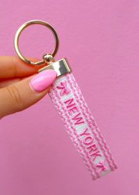 Pink Bows Squiggle NY Embroidered Keychain