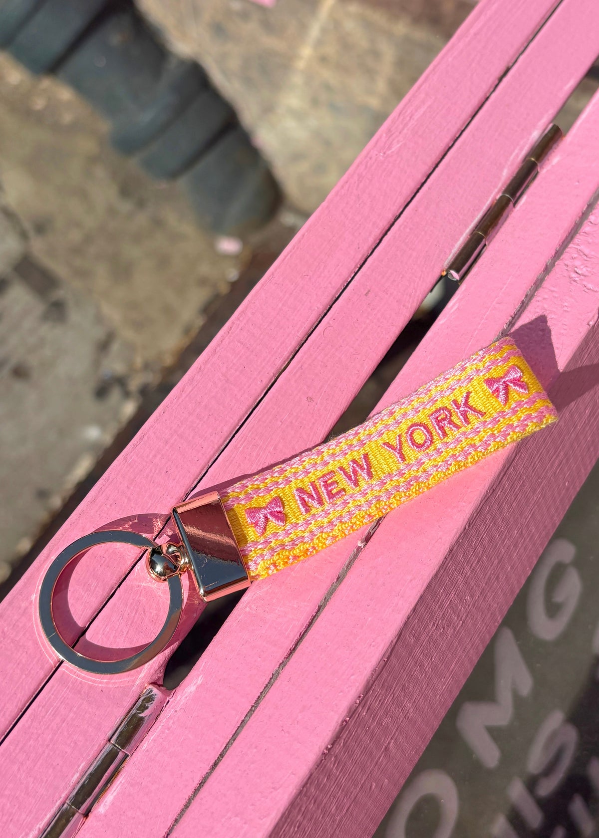 Yellow Bow Squiggle NY Embroidered Keychain