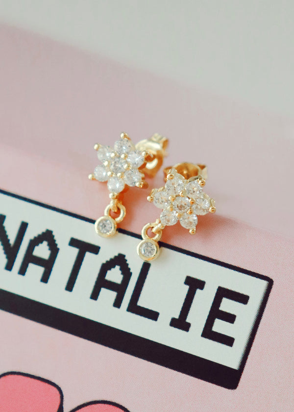 18k Gold CZ Flower Drop Studs