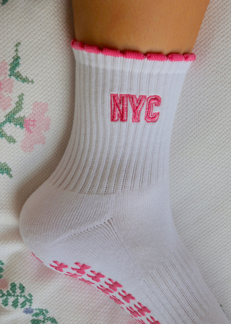 NYC Hot Pink Bow Grip Socks