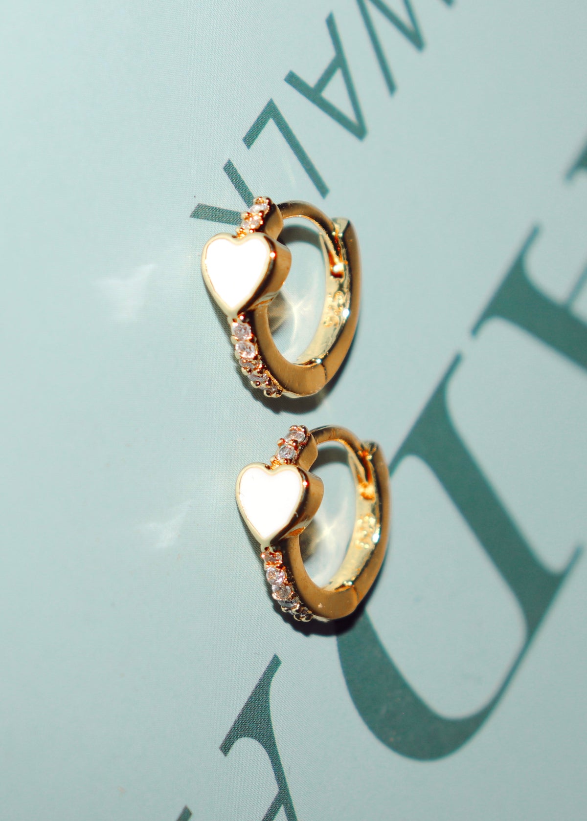 18k Gold White Heart Huggie Hoops