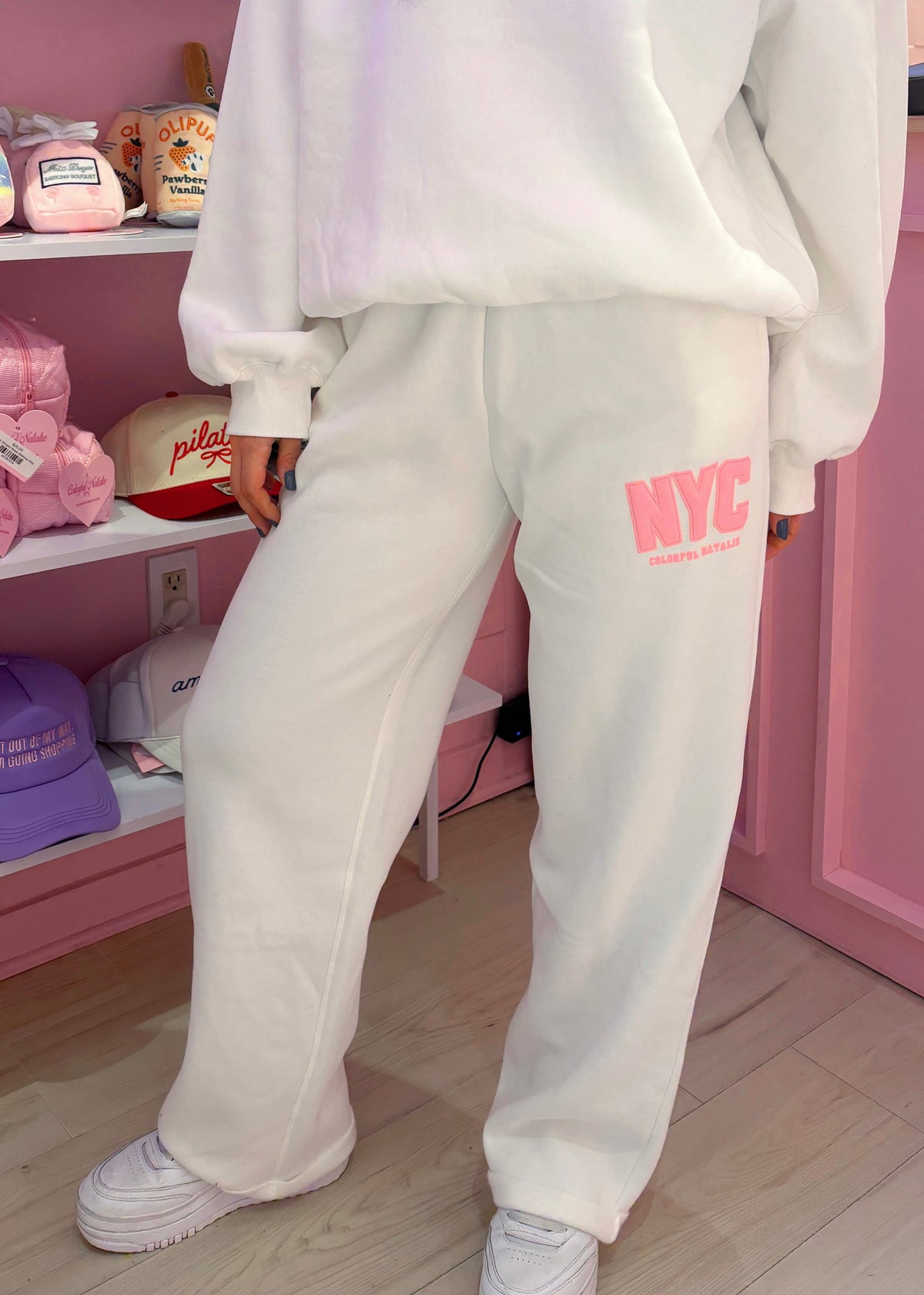 NYC White Puff Print Flare Sweatpants