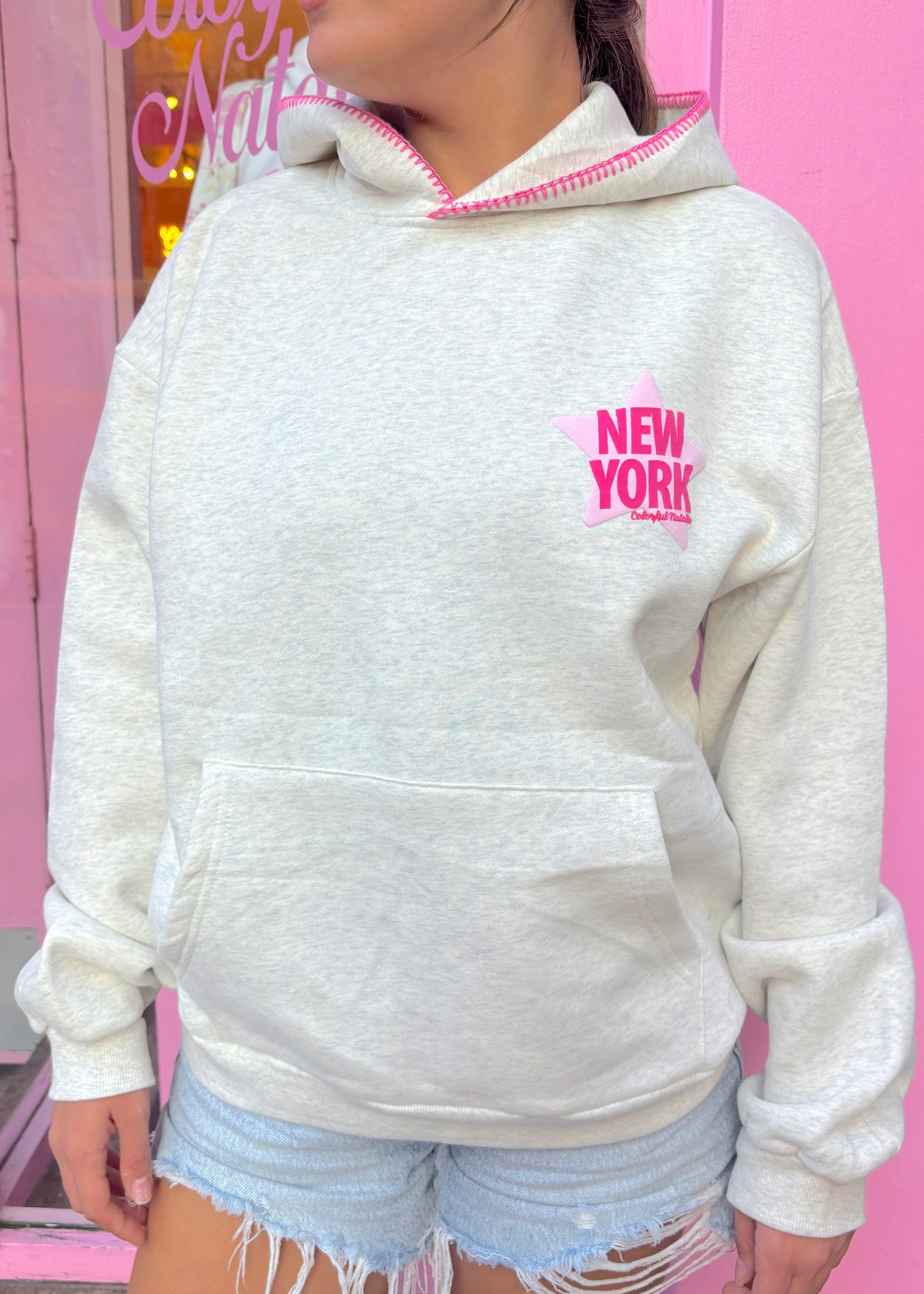 New York Star Grey Stitched Puff Hoodie