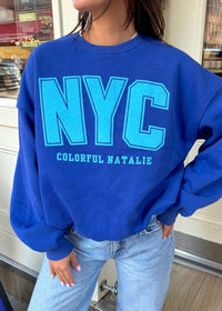 NYC Royal Blue Puff Print Crewneck