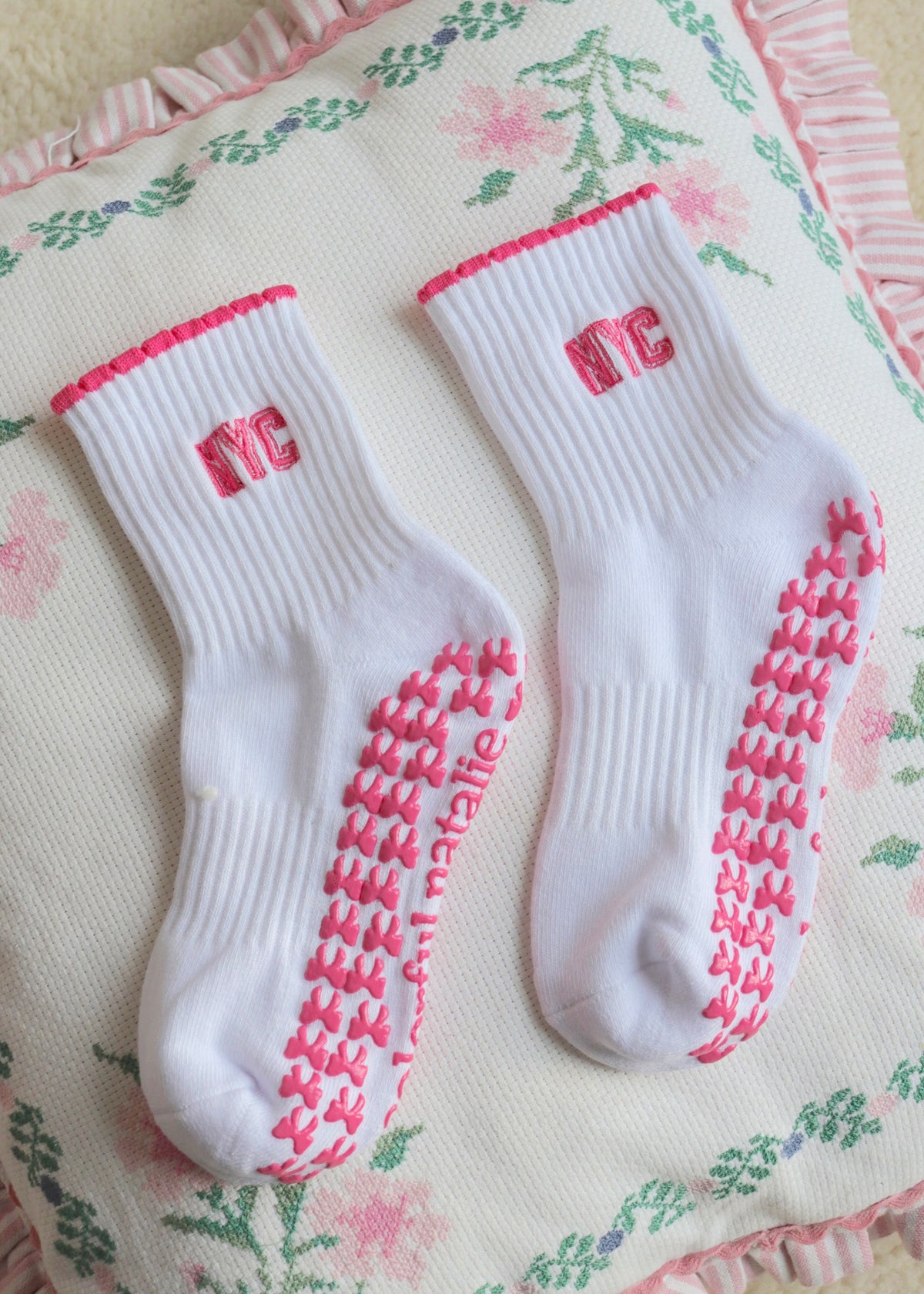 NYC Hot Pink Bow Grip Socks